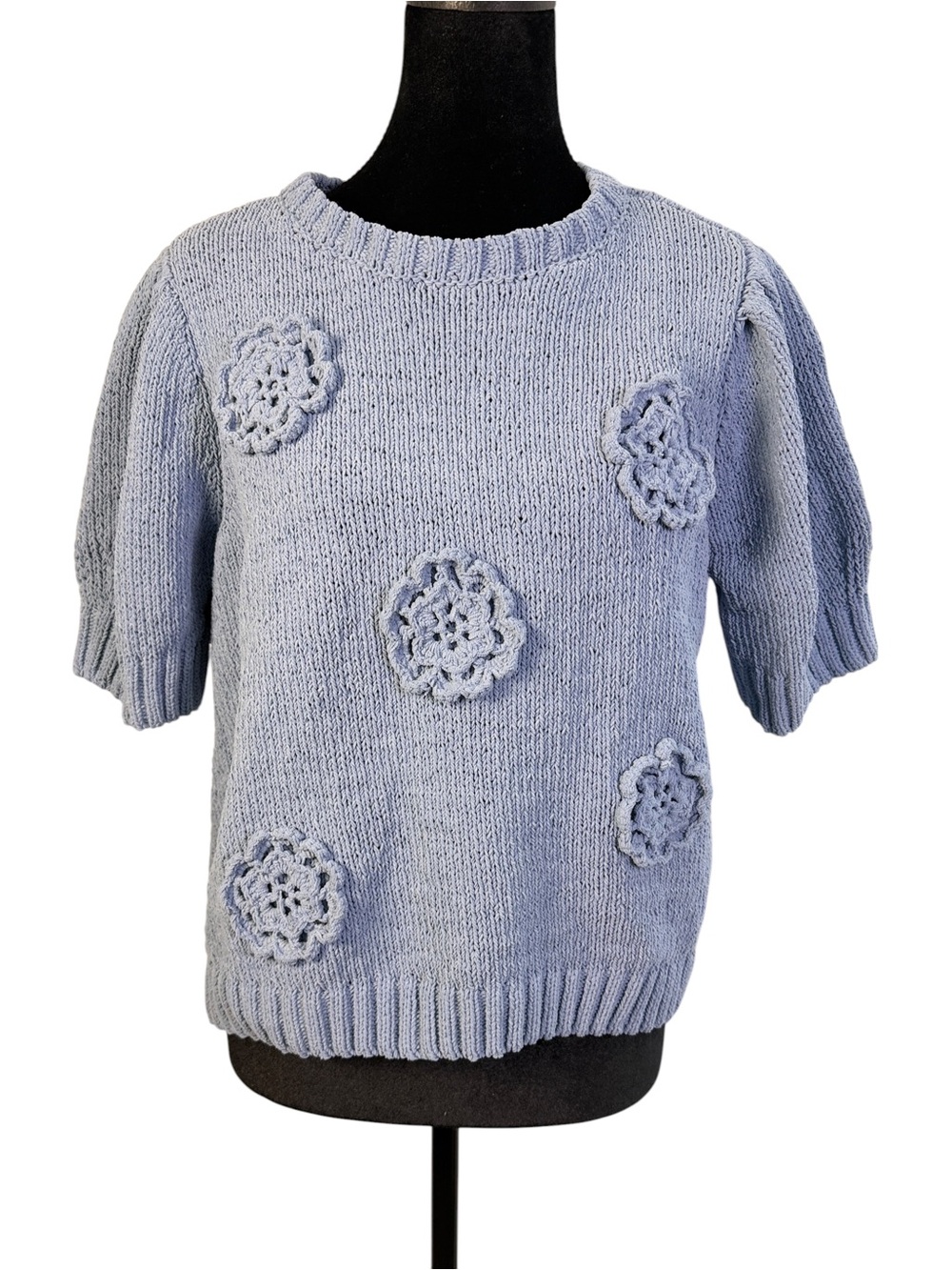 Joie Size L Blue Knit Sweater Top Crochet Floral Appliqué Puff Sleeve Cottagecor - Picture 2 of 10